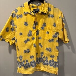 Lands' End Yellow and Blue Casual Hawaiian Button Down Shirt